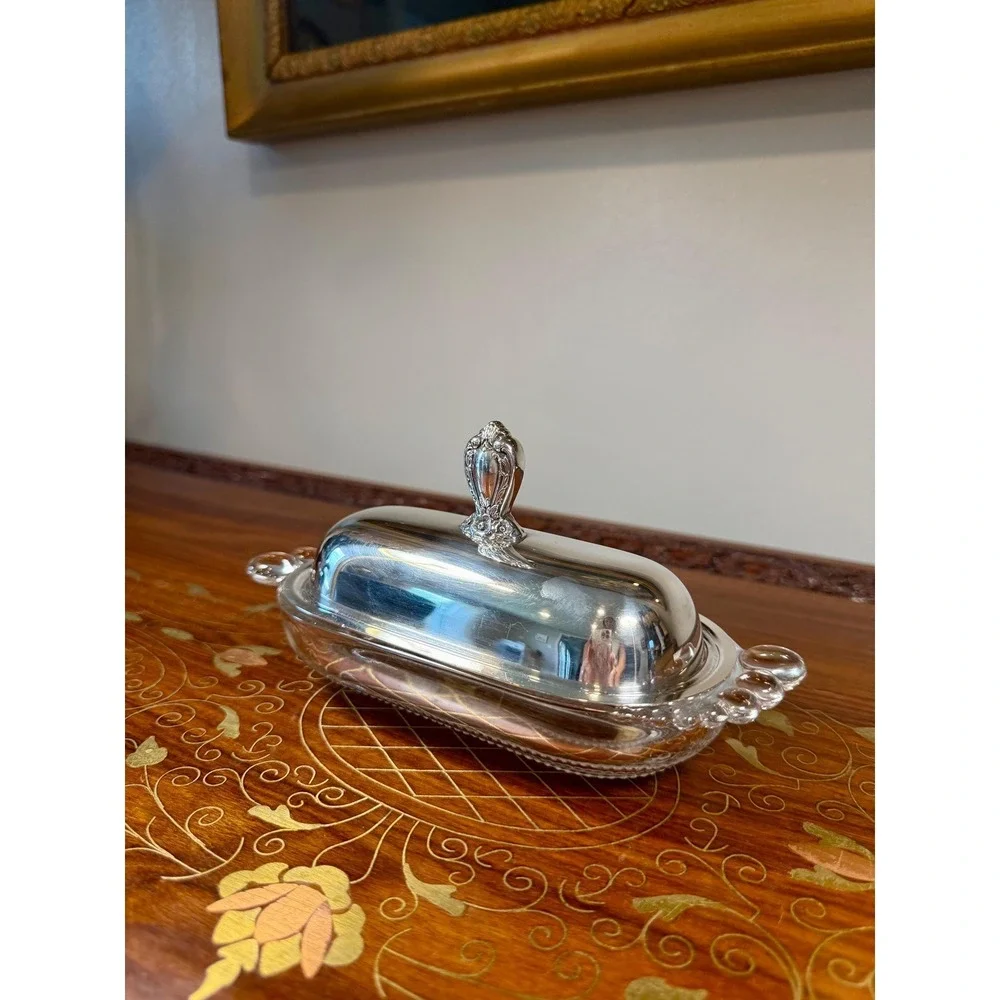 Vintage 1847 Rogers Bros Butter Dish •‎ Silverplate Lid & Pressed Glass Base